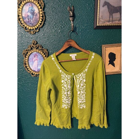 SUNDANCE Women's L/S Cardigan Sweater Ruffle Hems Green Embroidered Flowers Sz M - Picture 1 of 3